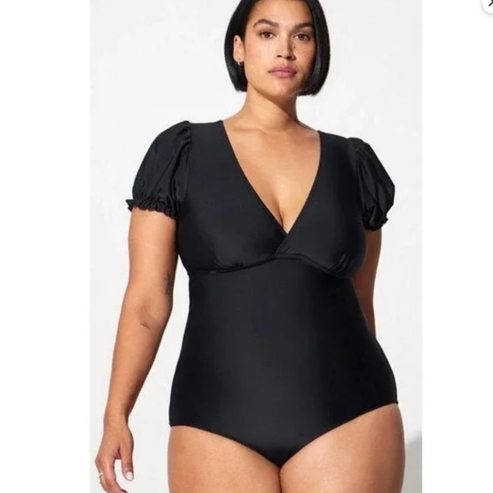 Black Puff-Sleeve One-Piece Swimsuit